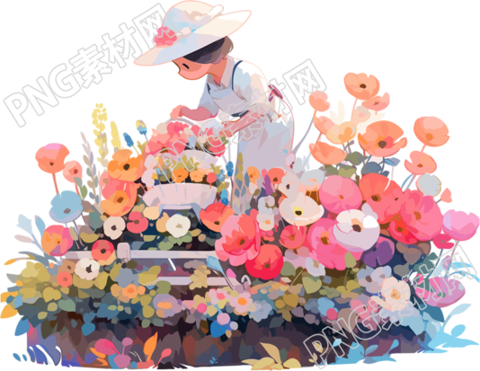 女生与植物的2D图形插画