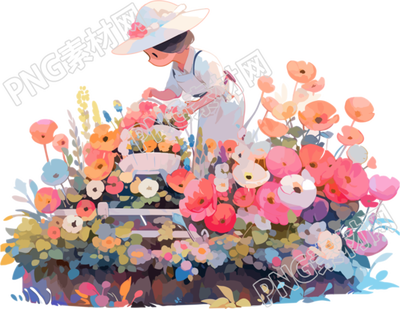 女生與植物的2D圖形插畫