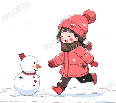 堆雪人的小女孩可愛插圖