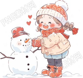 堆雪人的小女孩穿冬裝插畫