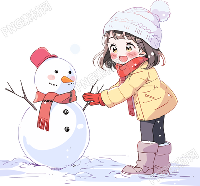 堆雪人的小女孩高清PNG素材