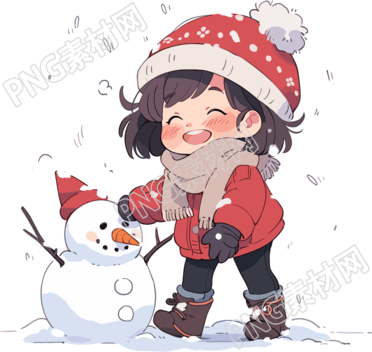 堆雪人的小女孩快樂雪天插畫