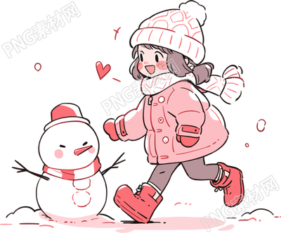 堆雪人的小女孩可愛插圖