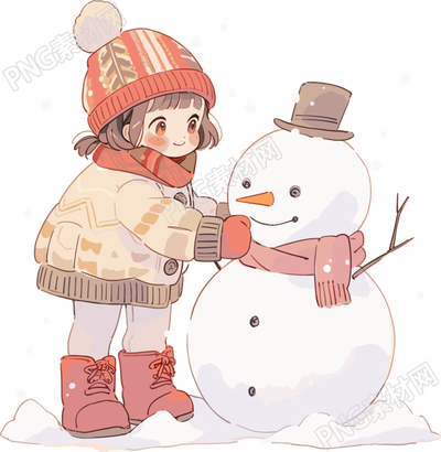 堆雪人的小女孩歡快雪天插畫