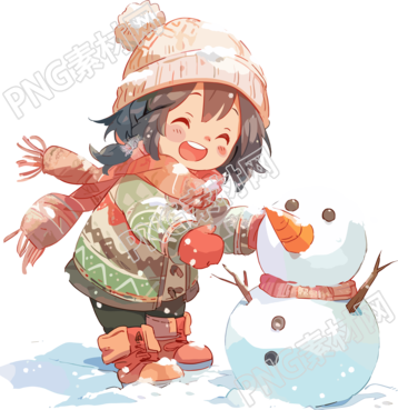 堆雪人的小女孩插畫
