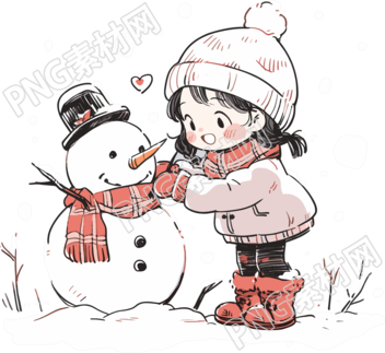 堆雪人的小女孩透明背景素材