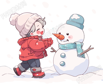 堆雪人的小男孩冬季服裝插畫