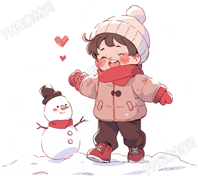 堆雪人的小男孩插畫