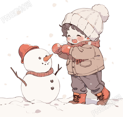 堆雪人的小男孩穿著冬裝插畫