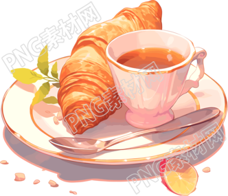 牛角包咖啡透明背景插畫
