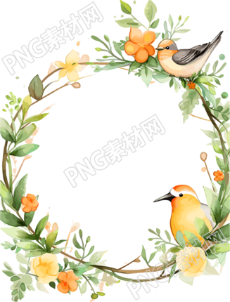 绿色边框花环小鸟PNG素材