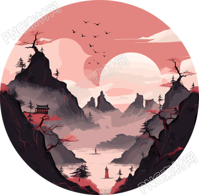 国潮风远山插画素材