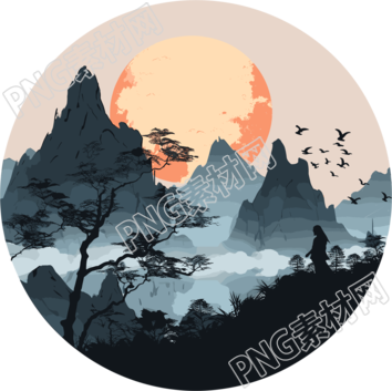国潮风远山透明背景插画