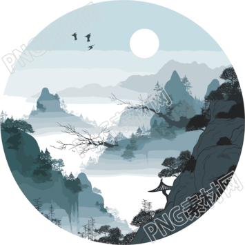国潮风远山扁平插画