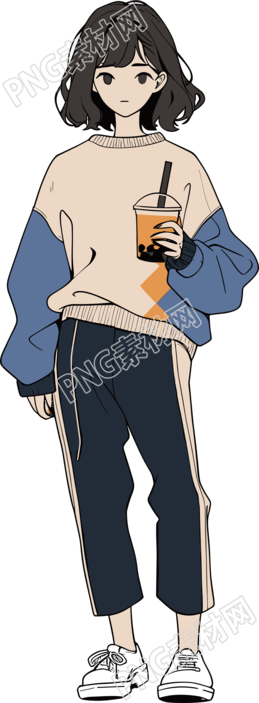 喝奶茶的女生手绘插画设计素材