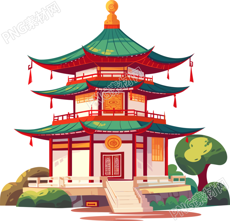 国风阁楼插画设计元素