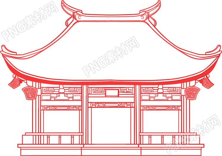 国风阁楼红色线描素材