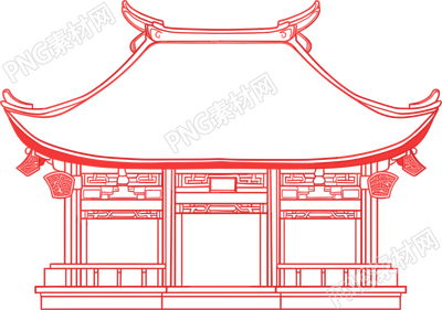 國(guó)風(fēng)閣樓紅色線描素材