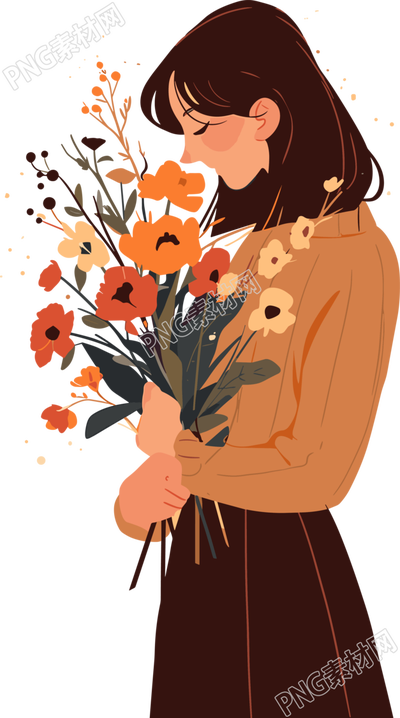 抱著花的女生透明背景插畫