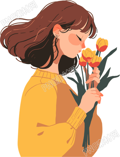 抱著花的女生插畫
