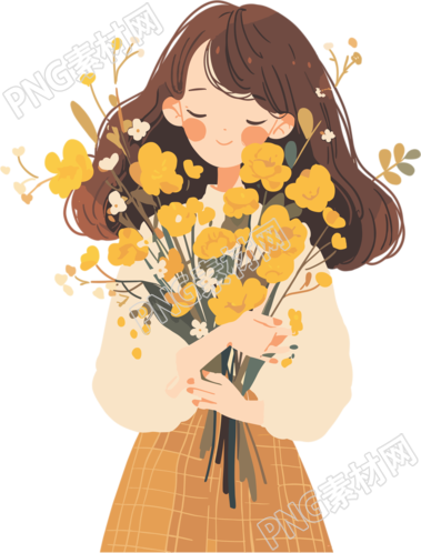 抱著花的女生簡筆插圖