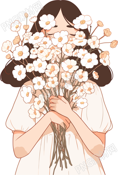 抱著花的女生高清插畫素材