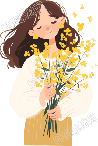 抱着花的女生插画素材