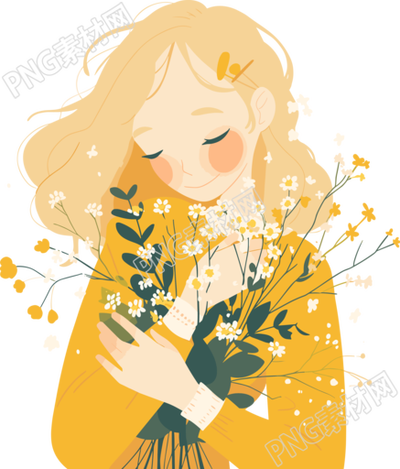 抱著花的女生簡單插畫