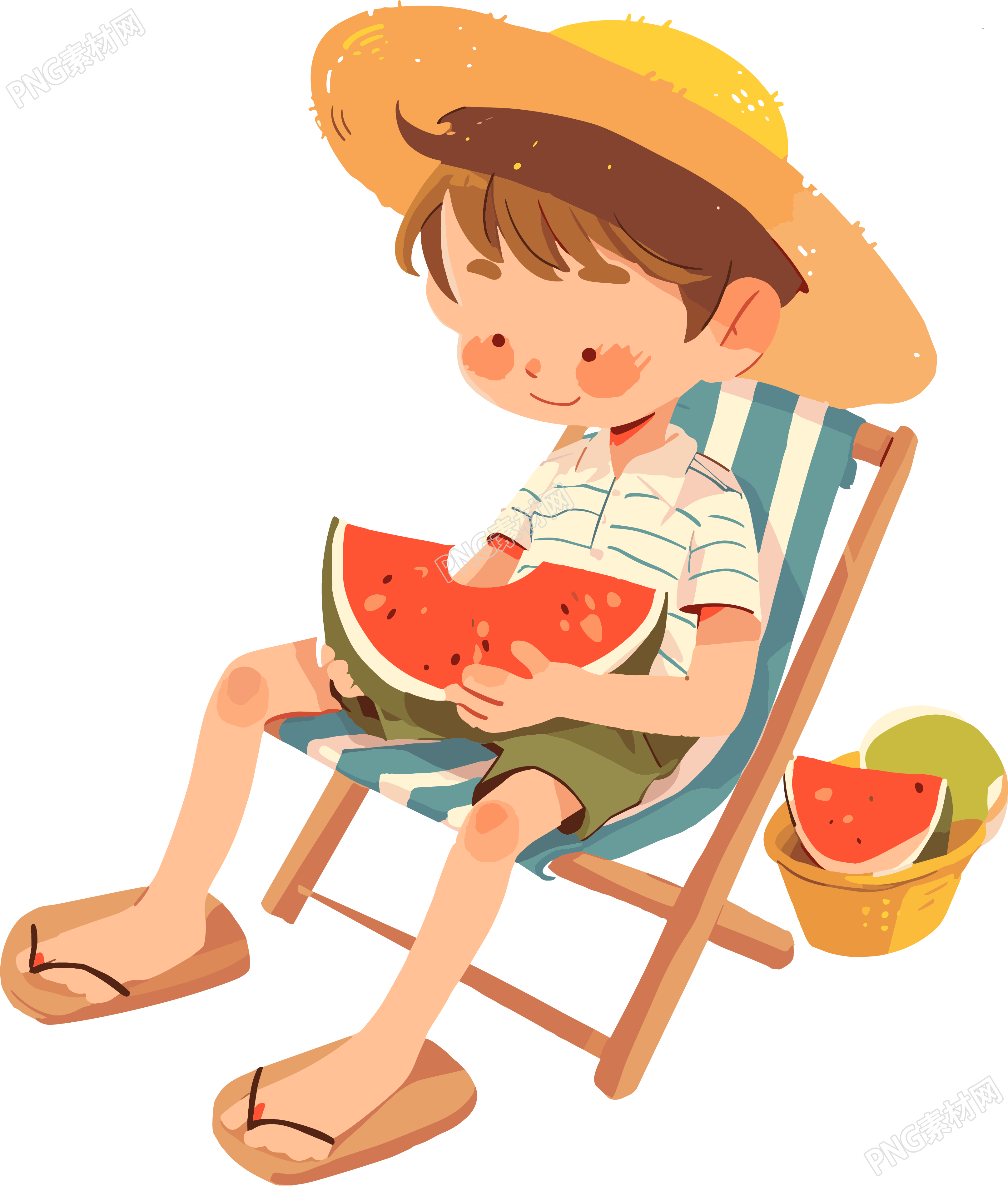 乘凉男孩吃西瓜插画