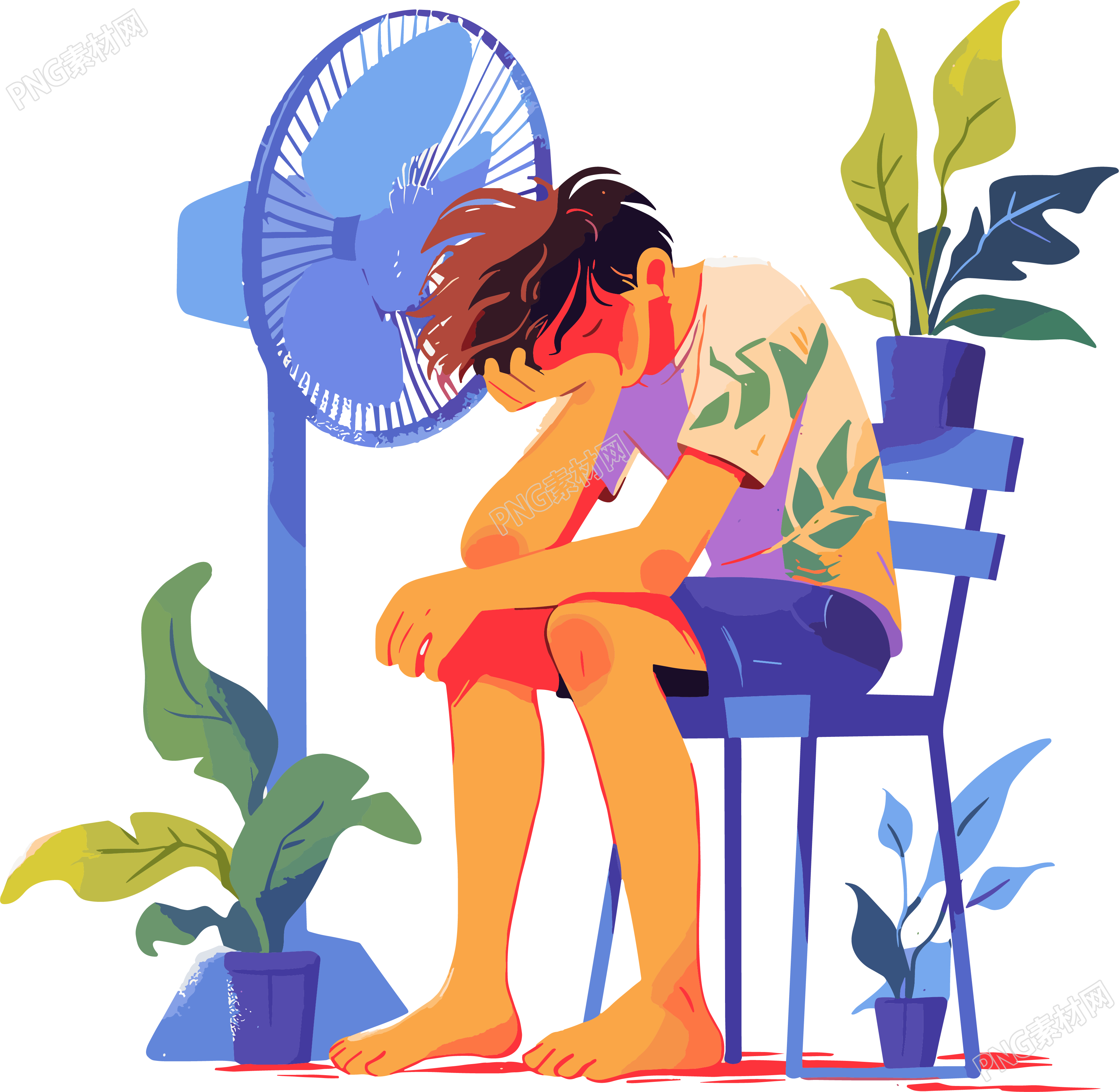 吹风扇的男孩PNG插图