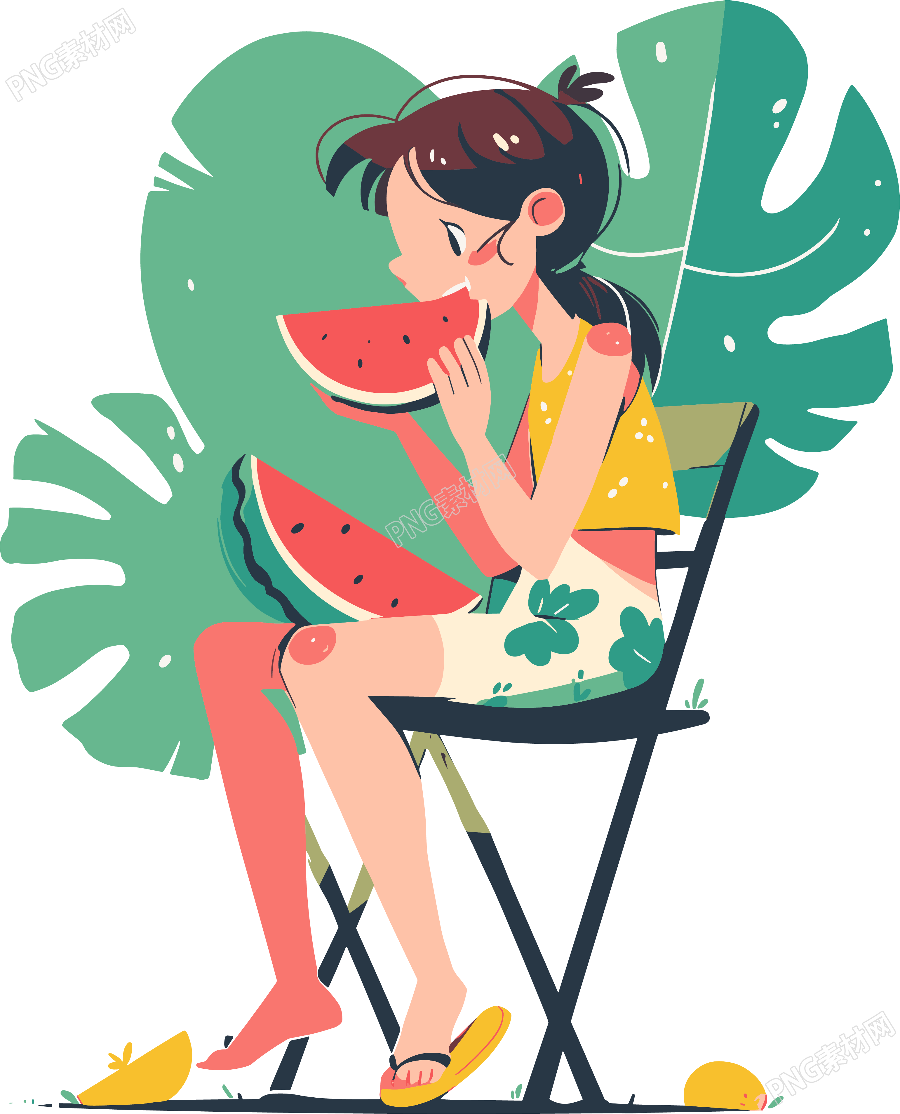 吃西瓜的女孩创意元素
