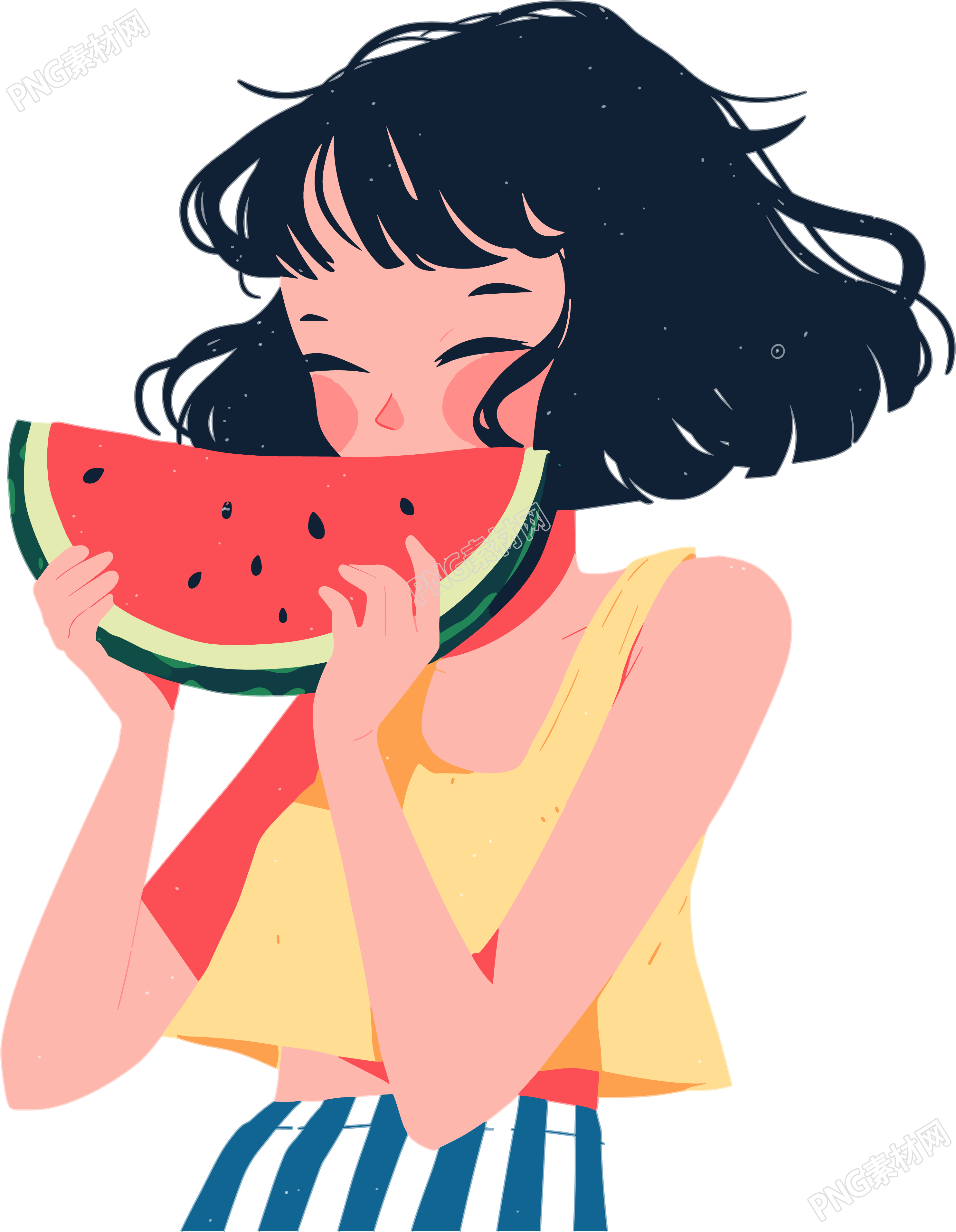 女孩吃西瓜甜美插画