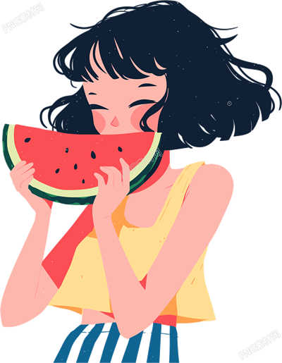 女孩吃西瓜甜美插畫