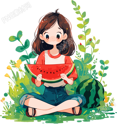 女孩吃西瓜創(chuàng)意插畫