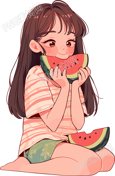 女孩吃西瓜插圖素材
