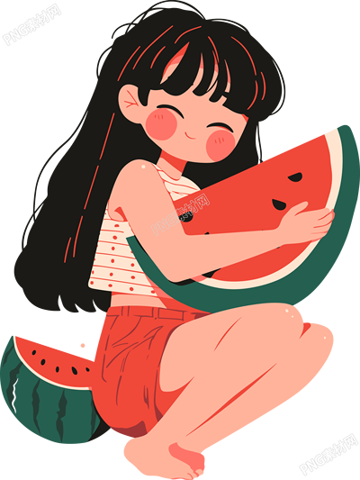 女孩吃西瓜簡約插圖