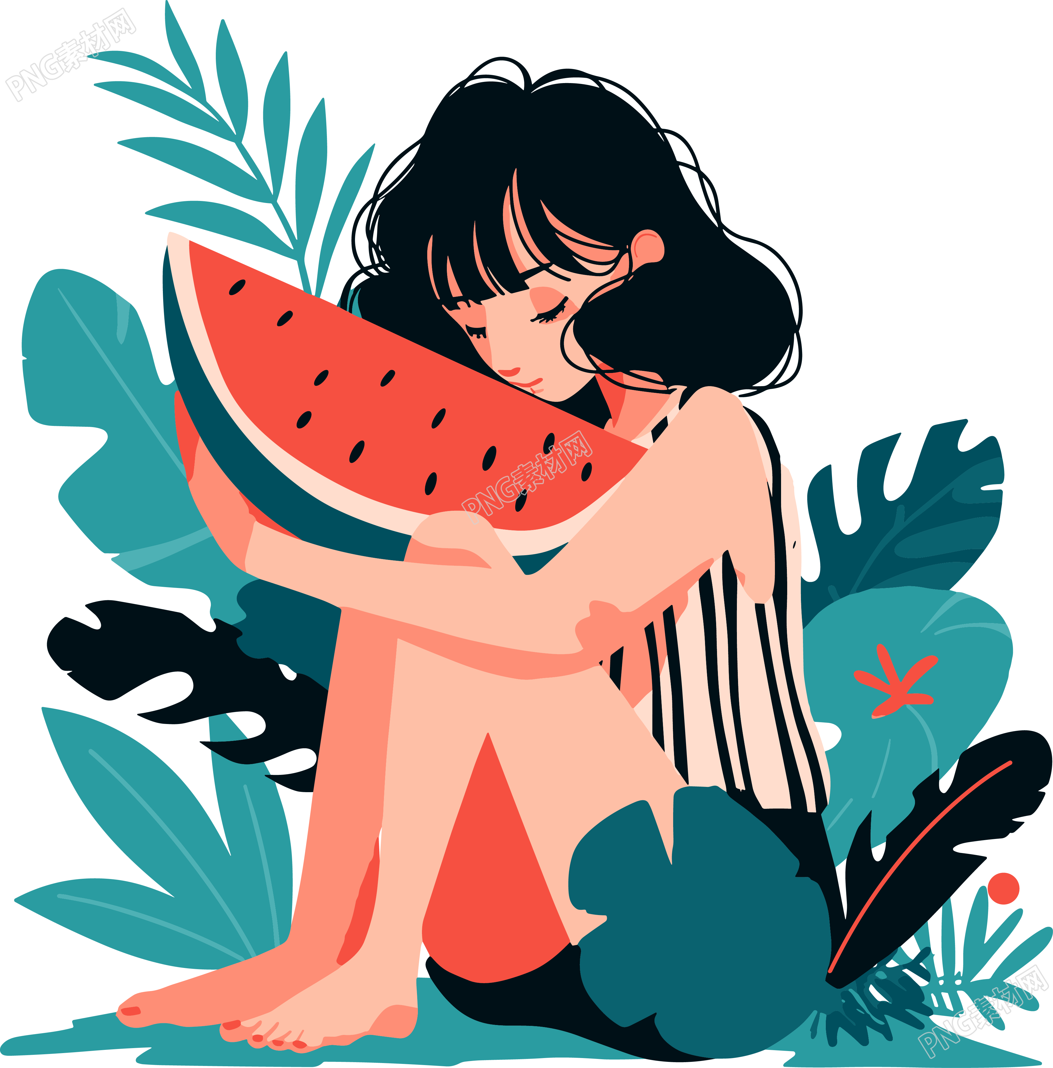 女孩吃西瓜简洁插画
