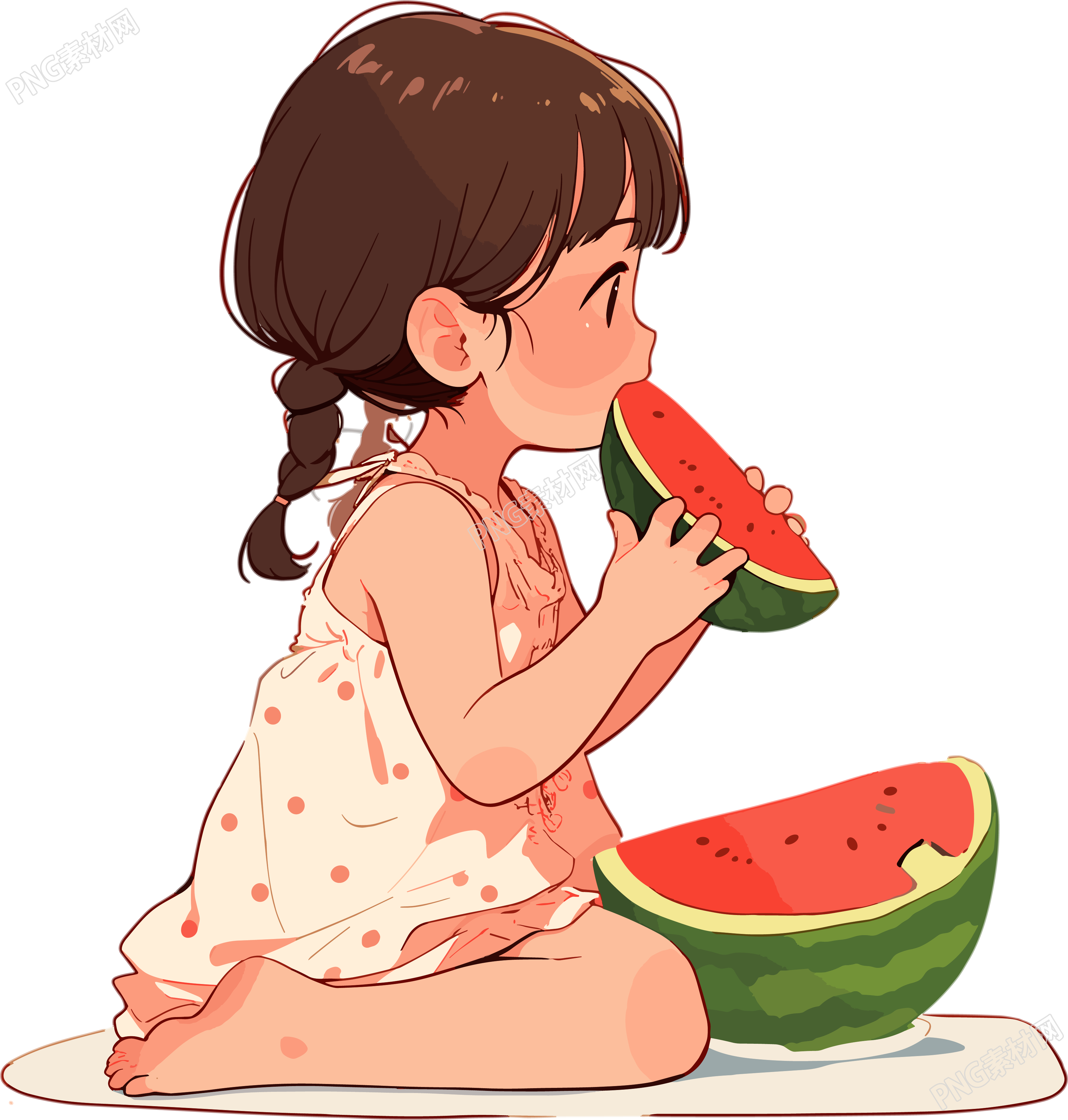 女孩吃西瓜插画