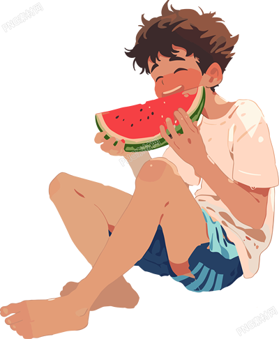 男孩吃西瓜漫畫插畫