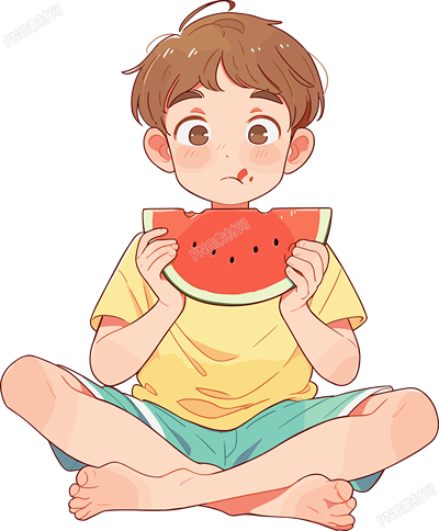 男孩吃西瓜簡單插畫