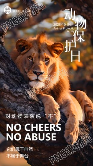 世界动物保护日趴在树上的狮子实景手机海报