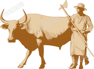 农夫老黄牛插画素材