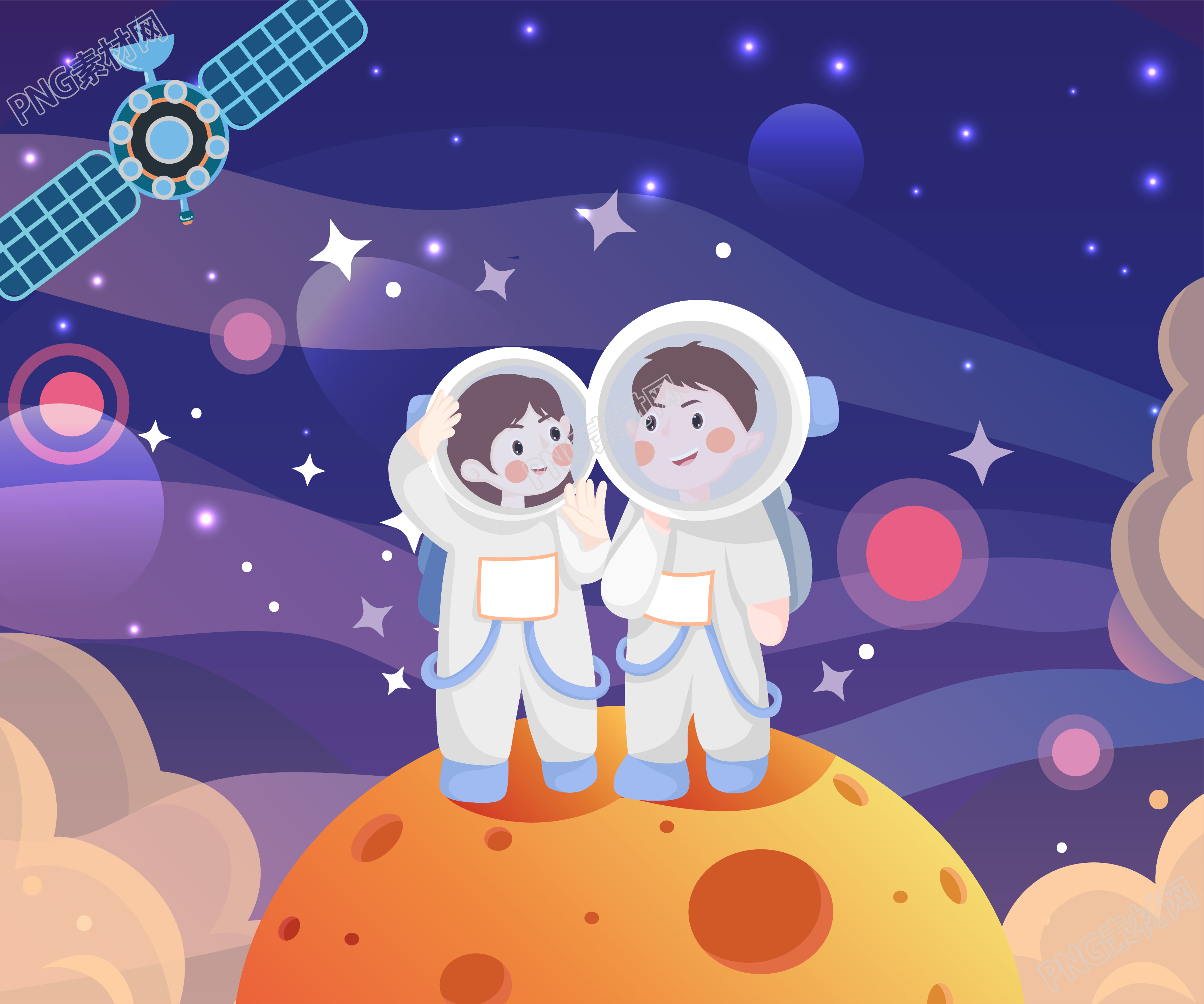 文艺风格的在太空上的两个小孩素材