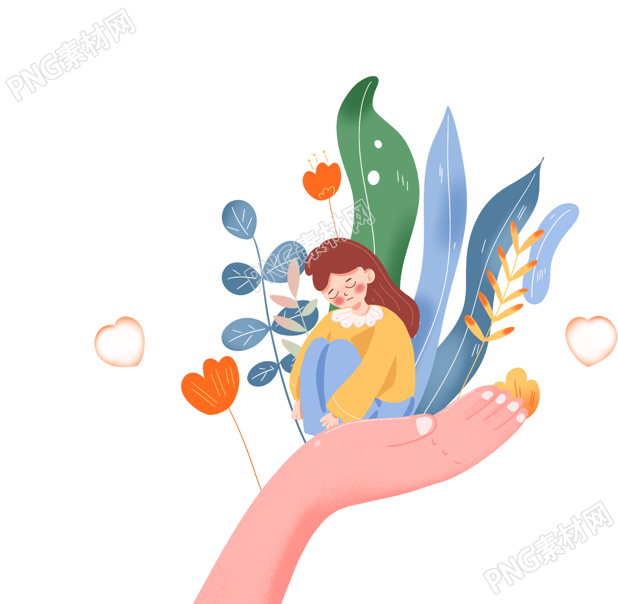 插画扁平风坐在掌心上女孩人物图片素材