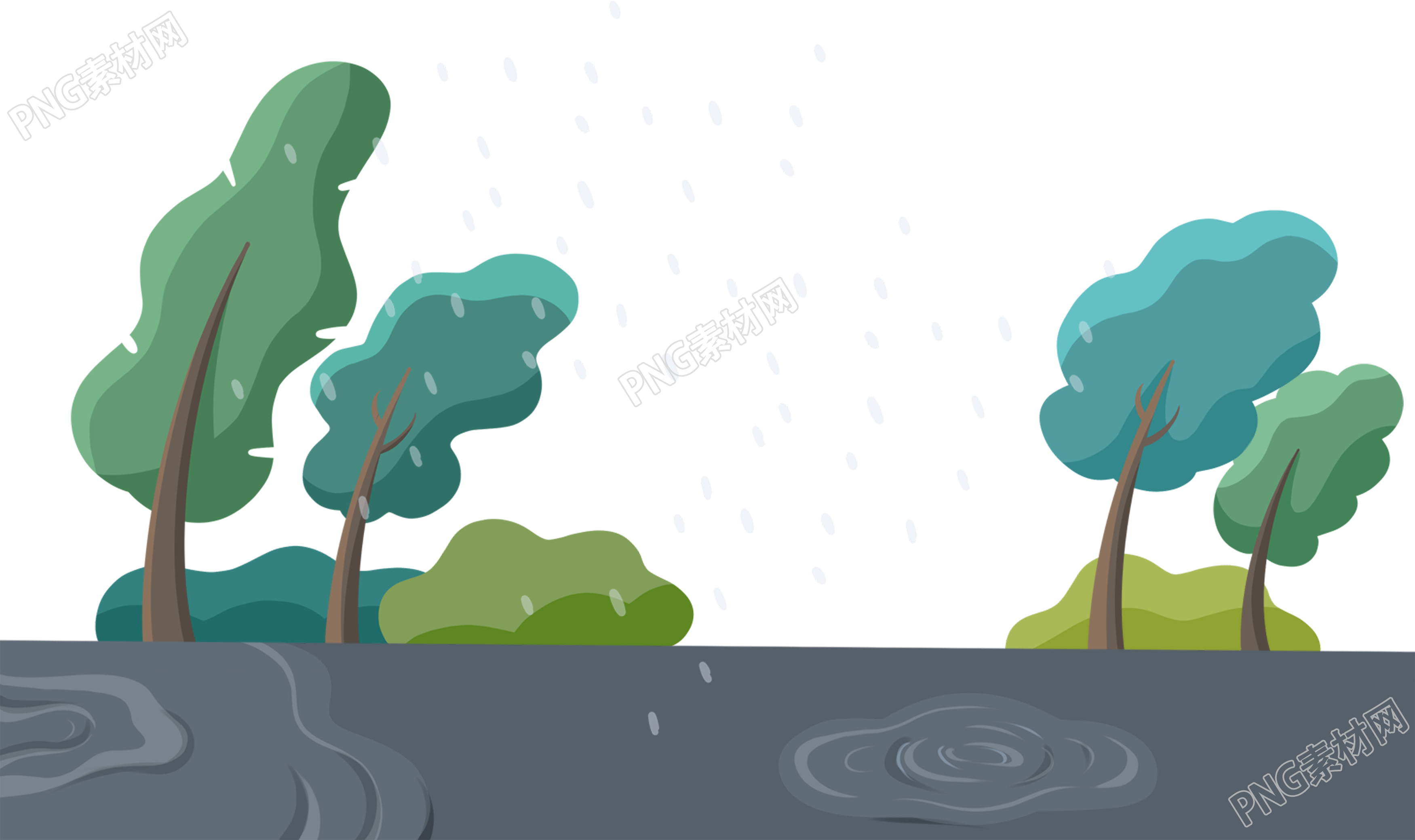 卡通手绘自然风景暴雨下雨风雨刮风树木草丛泥泞道路图片背景素材