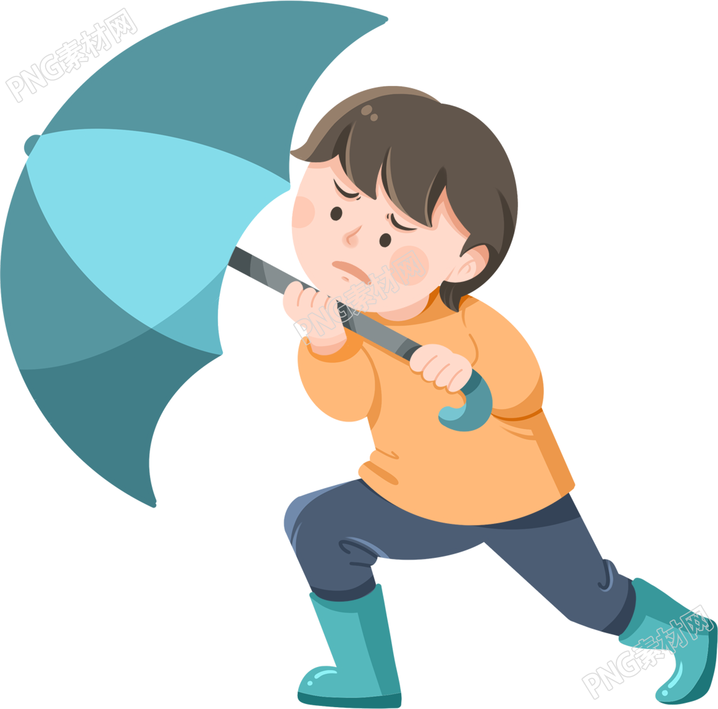 卡通手繪男孩下雨天大風(fēng)打傘雨傘走路成長煩惱免摳人物素材
