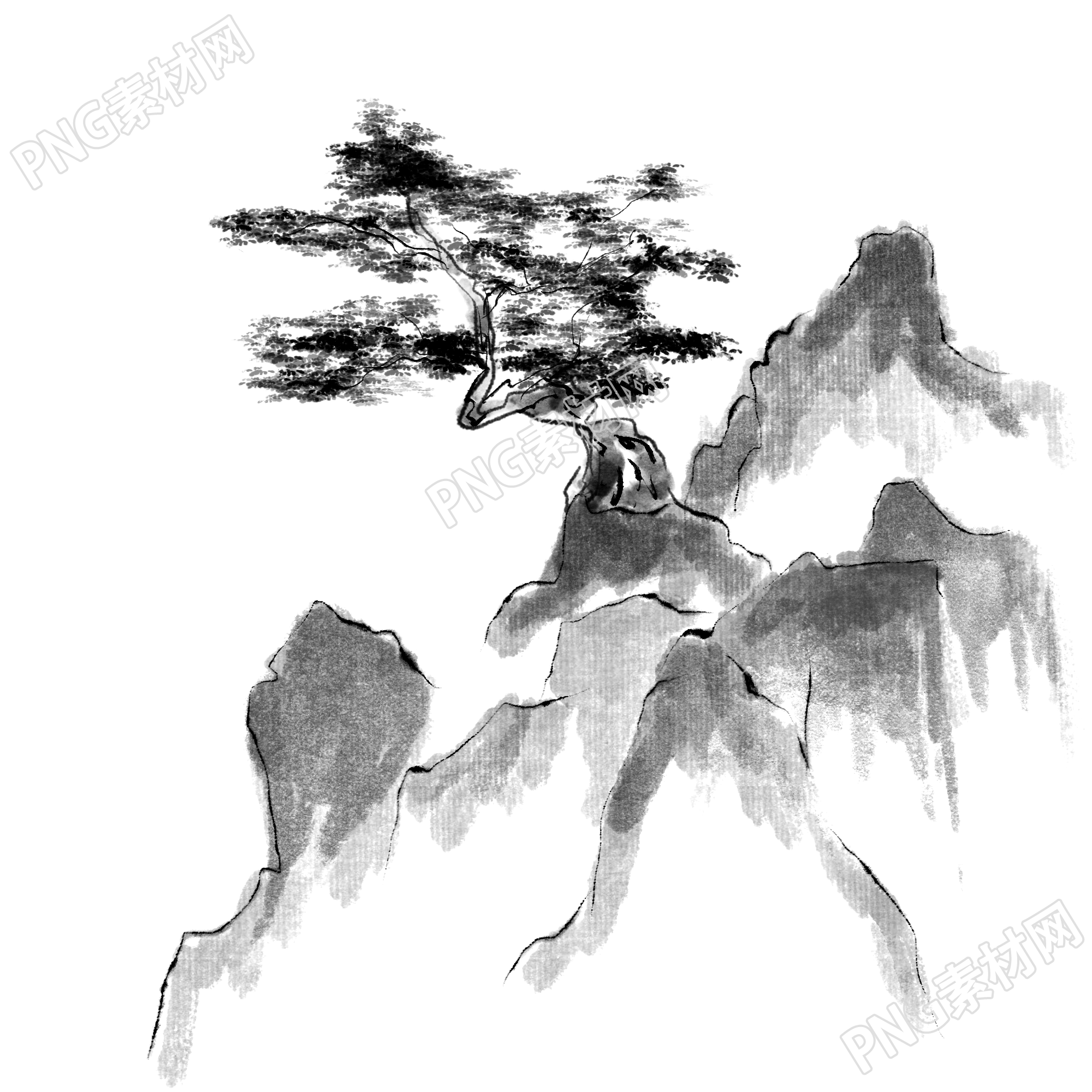 唯美写意国画高山松树风景画png免扣素材