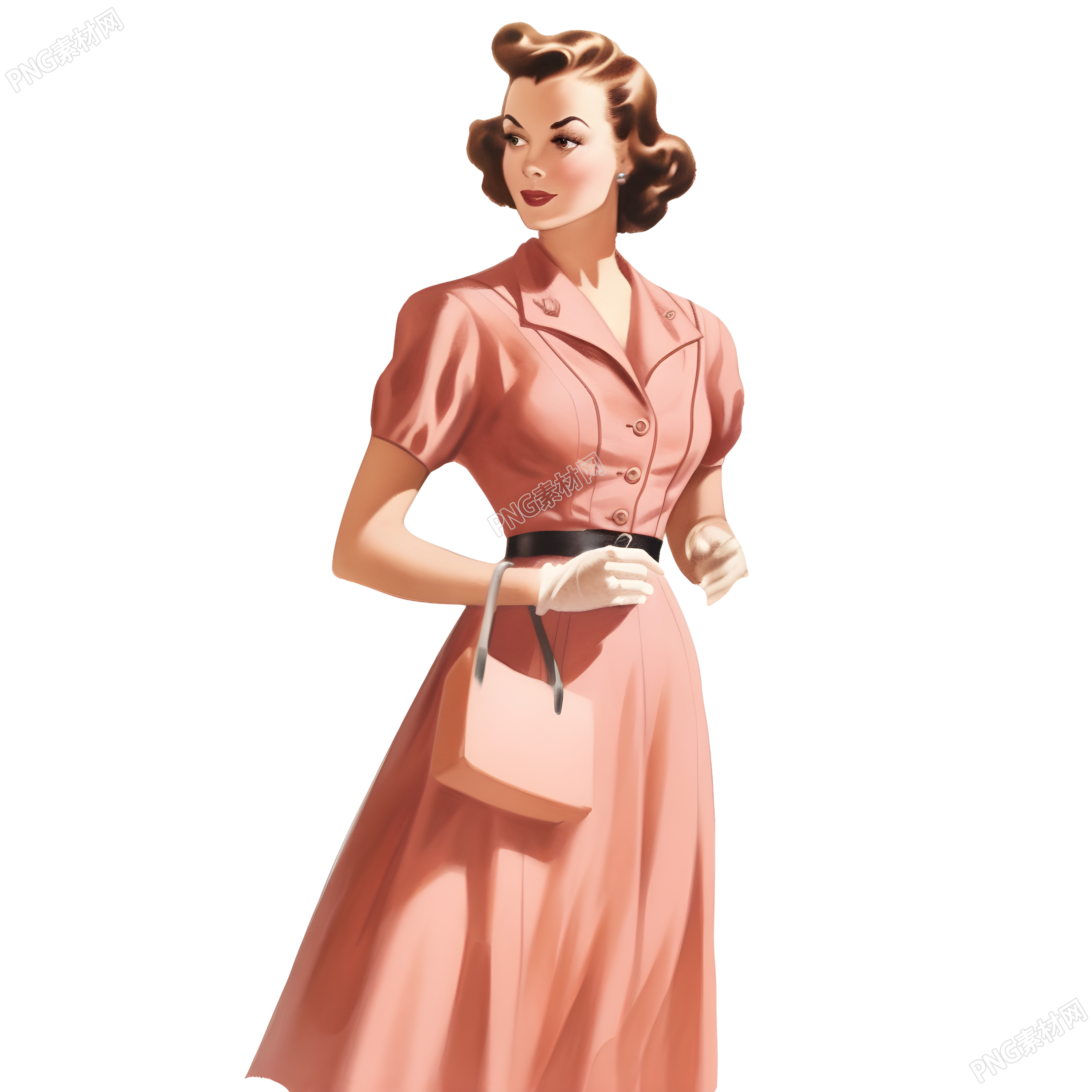 复古淑女粉色连衣裙插画素材