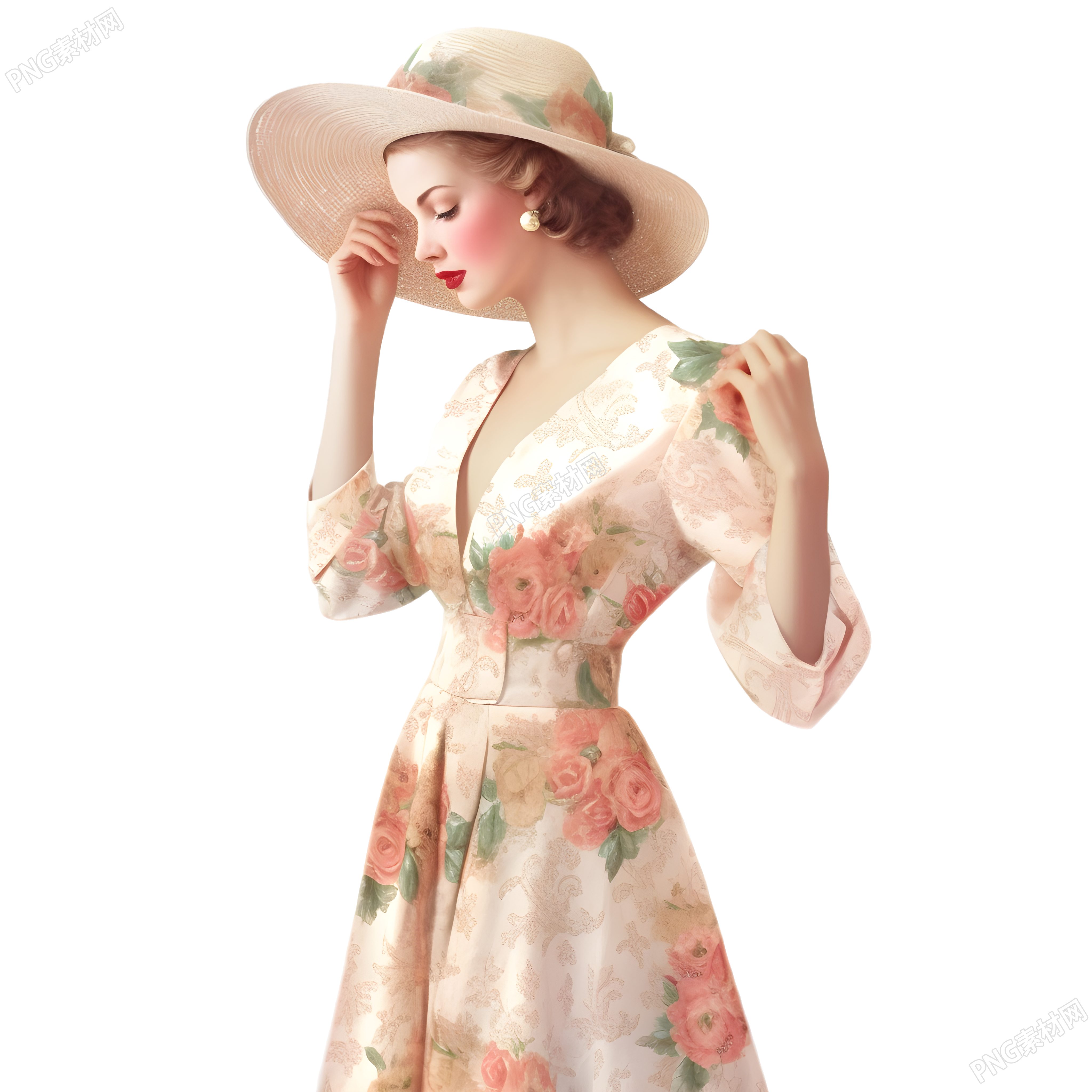 复古风格女士粉色连衣裙插画设计素材