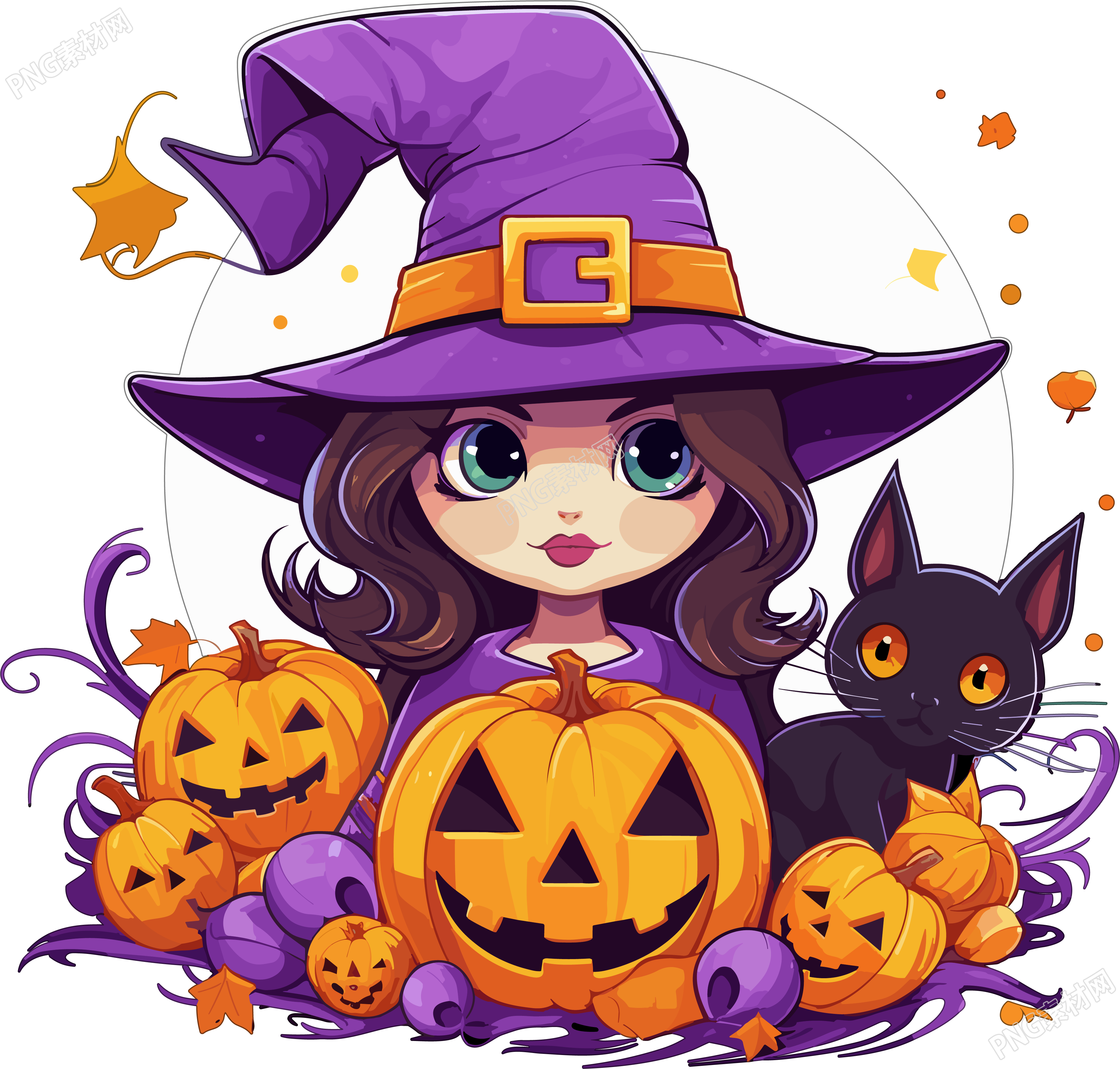 万圣节魔女与猫的紫橙色动态图像素材